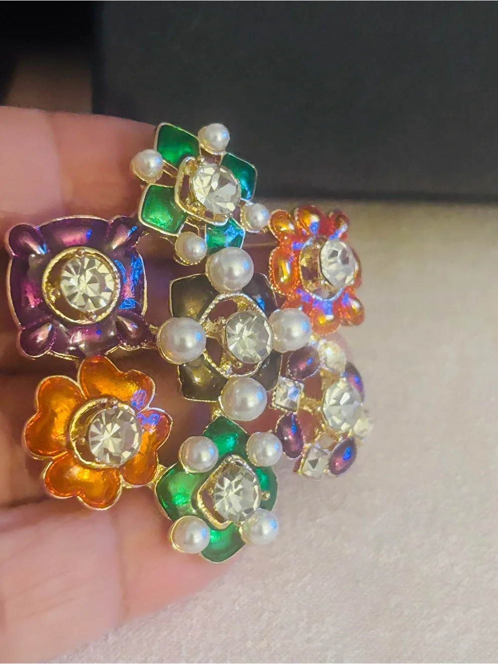 Multicolor Floral Crystal & Pearl Brooch - Green, Orange, Purple Accents